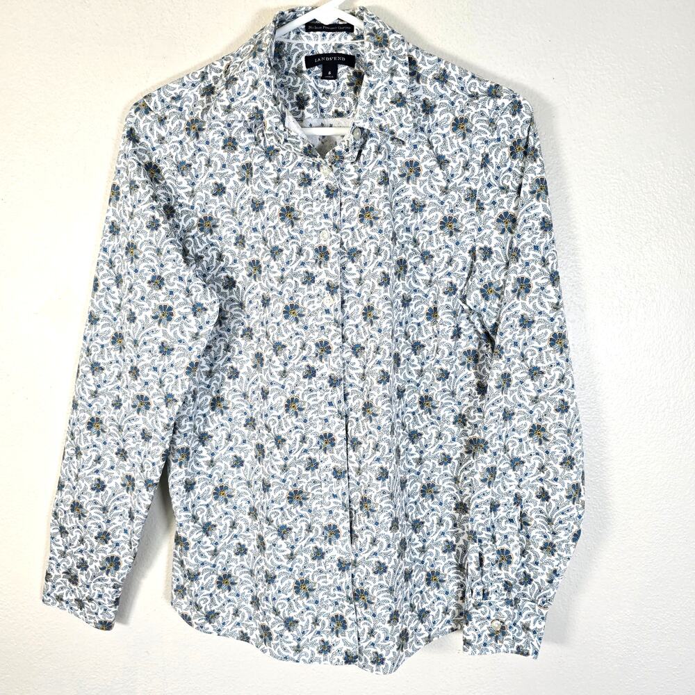Lands End Shirt Women's 6 No Iron Cotton Pinpoint Oxford Blue Floral Classic